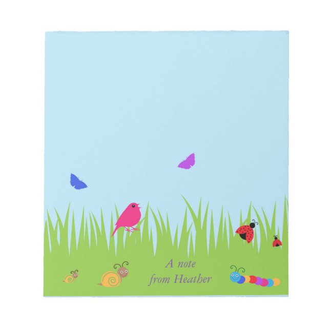 cute bugs and bird in grass with blue sky note pad (Front)