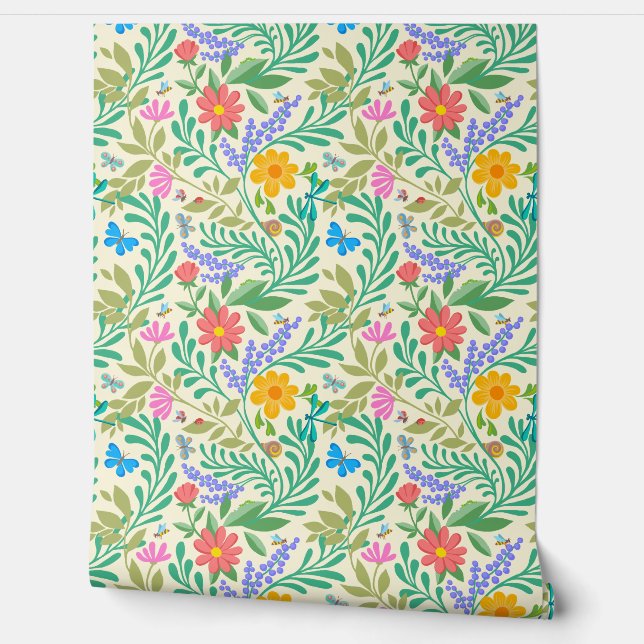 Cute Bugs Funny Floral Spring Summer Pastel Yellow Wallpaper (Unrolling)