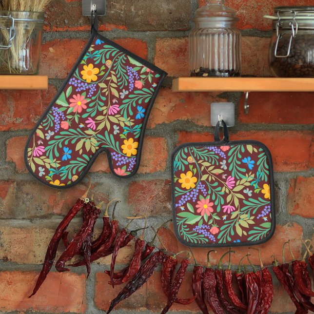 Cute Bugs Funny Girly Floral Spring Summer Pattern Oven Mitt & Pot Holder Set (Creator Uploaded)