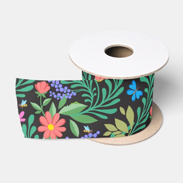 Cute Bugs Funny Girly Floral Spring Summer Pattern Satin Ribbon (Spool)