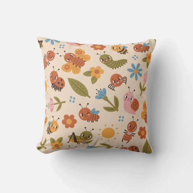Cute Bugs Pattern Woodland insects for kids  Throw Pillow (Front)