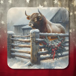 Cute Bull on a  Rustic Farm Christmas Square Sticker<br><div class="desc">Ai watercolor illustration of a scene on a rustic farm with a bull standing behind a wood fence decorated in pine cones,  berries and garland on a Christmas winter day.</div>