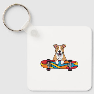 Cute Bull Terrier on a Skateboard Keychain
