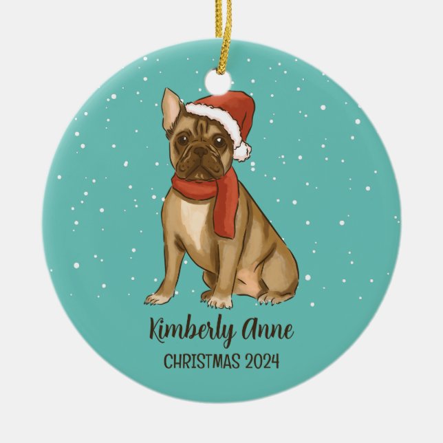 Cute Bulldog Christmas Dog Snowy Winter Holiday Ceramic Ornament (Front)