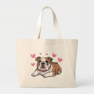 Cute Bulldog Mom Gift Pink Hearts Puppy Dog Lover Large Tote Bag