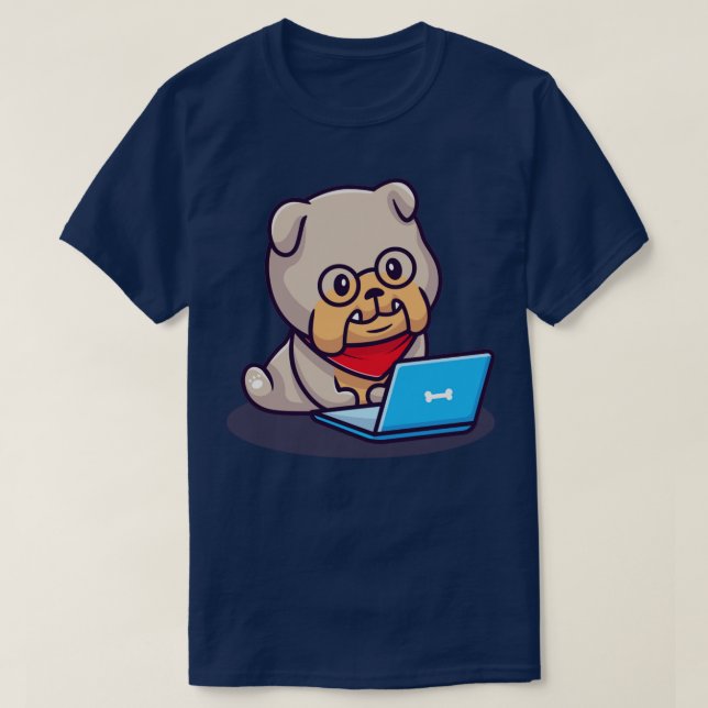 Cute Bulldog Operating Laptop T-Shirt (Design Front)