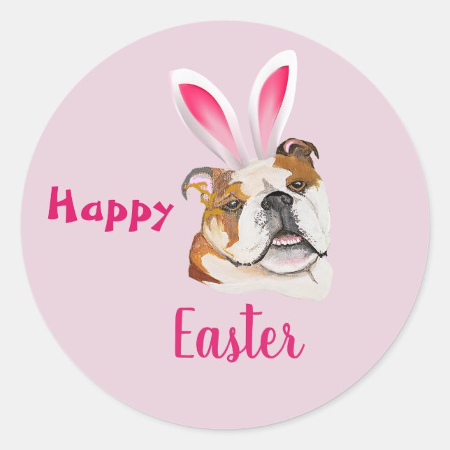 Cute Bulldog Original Art Happy Easter   Classic Round Sticker (Front)