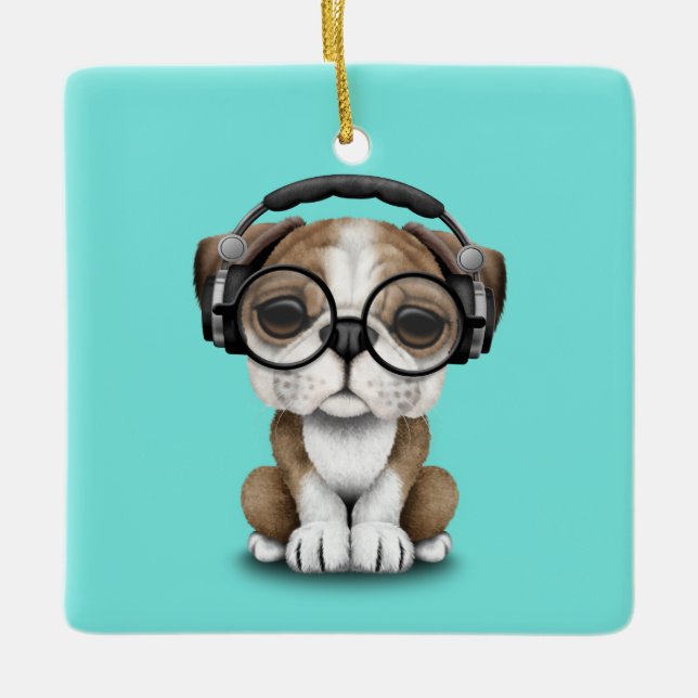 Cute Bulldog Puppy Dj Wearing Headphones Ceramic Ornament (Front)
