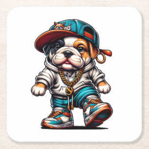 Cute Bulldog Puppy in Streetwear Outfit Square Paper Coaster