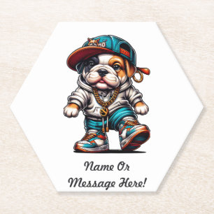 Cute Bulldog Puppy in Streetwear Paper Coaster