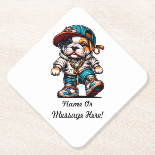 Cute Bulldog Puppy in Streetwear Paper Coaster