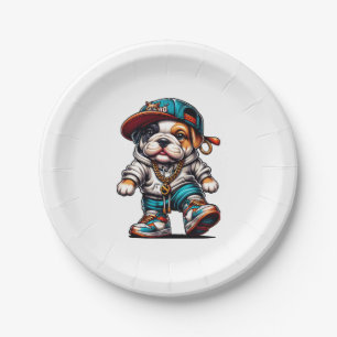 Cute Bulldog Puppy in Streetwear Party Design Paper Plate