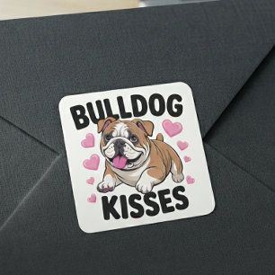 Cute Bulldog Puppy Kisses Pink Heart Dog Mom Love  Square Sticker