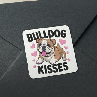 Cute Bulldog Puppy Kisses Pink Heart Dog Mom Love  Square Sticker