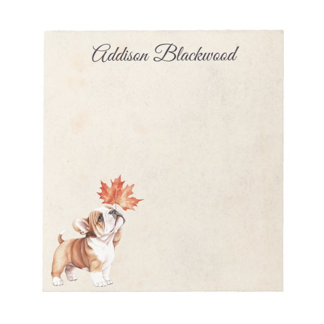 Cute Bulldog Puppy with a Fall Leaf Personalized Notepad (Front)