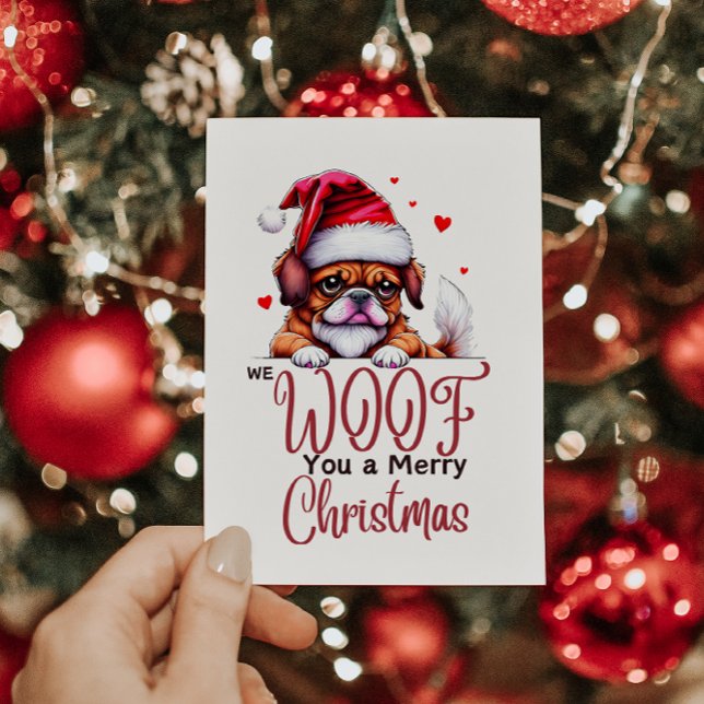 CUTE BULLDOG WISHING YOU A MERRY CHRISTMAS  HOLIDAY CARD (WE WOOF YOU A MERRY CHRISTMAS CARD)