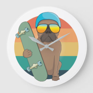 cute bulldog with skating board  large clock