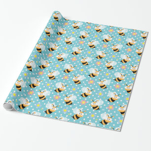Cute Bumble Bee And Colourful Flower Pattern Wrapping Paper