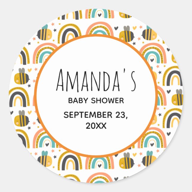 Cute Bumble Bee and Rainbows Pattern Baby Shower Classic Round Sticker (Front)