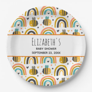 Cute Bumble Bee and Rainbows Pattern Baby Shower Paper Plate
