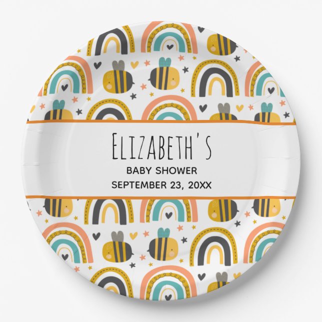 Cute Bumble Bee and Rainbows Pattern Baby Shower Paper Plate (Front)