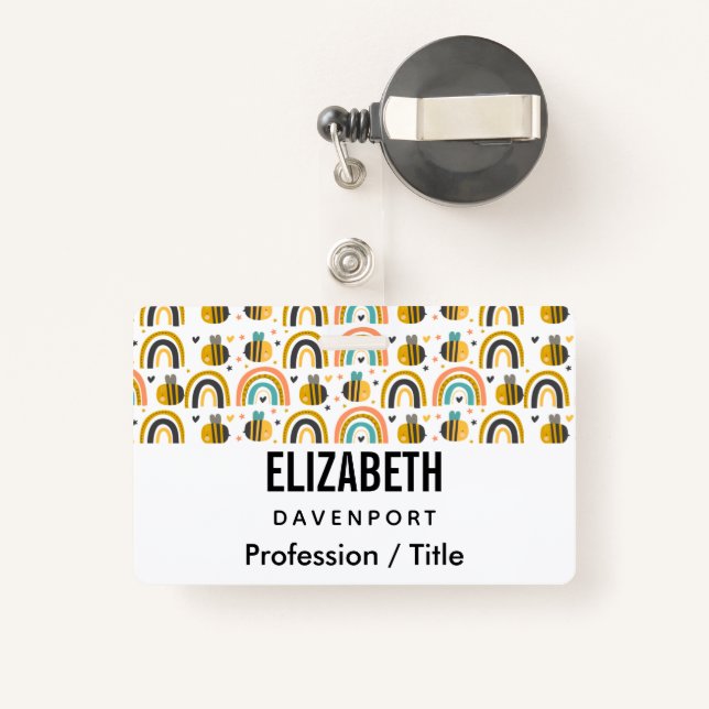 Cute Bumble Bee and Rainbows Pattern Badge (Back with Retractable)