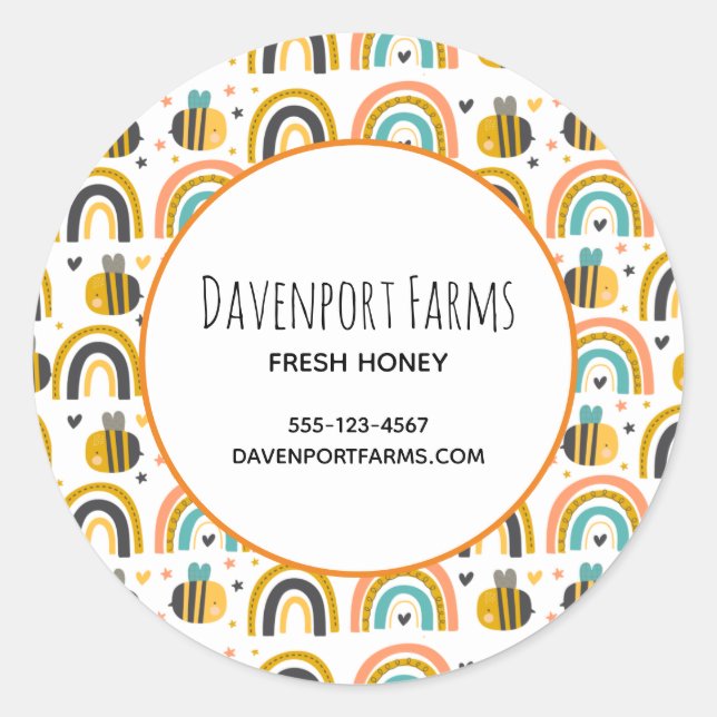 Cute Bumble Bee and Rainbows Pattern Business Classic Round Sticker (Front)