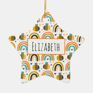 Cute Bumble Bee and Rainbows Pattern Ceramic Ornament
