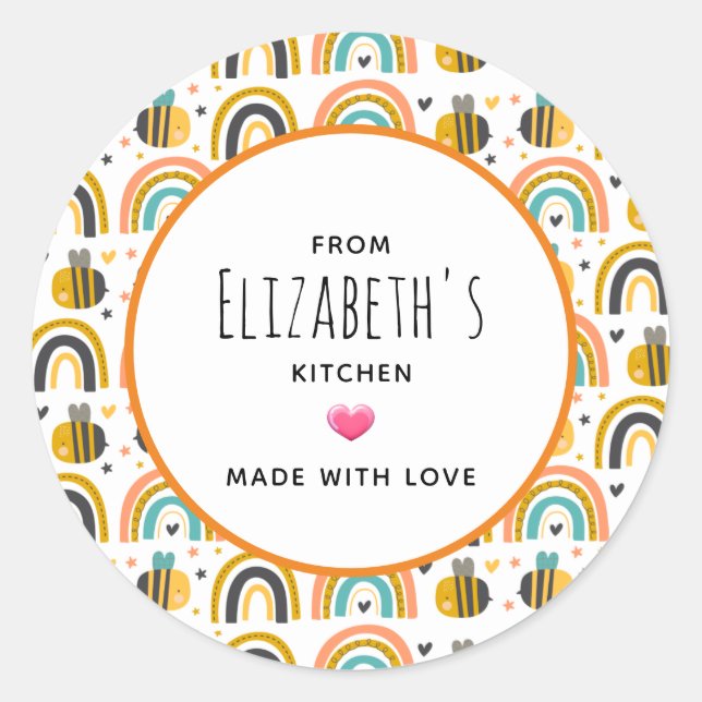 Cute Bumble Bee and Rainbows Pattern Classic Round Sticker (Front)