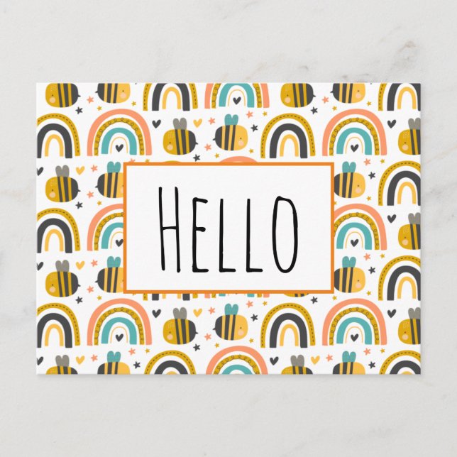Cute Bumble Bee and Rainbows Pattern Hello Postcard (Front)