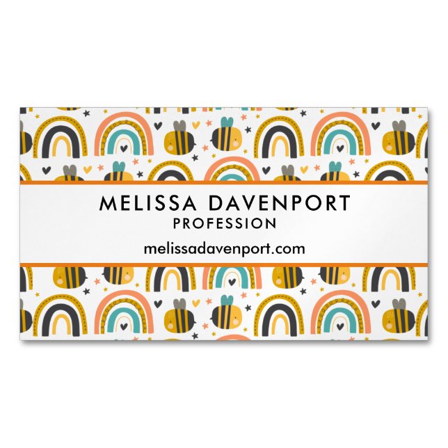 Cute Bumble Bee and Rainbows Pattern Magnetic Business Card (Front)