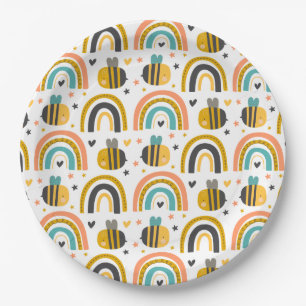 Cute Bumble Bee and Rainbows Pattern Paper Plate