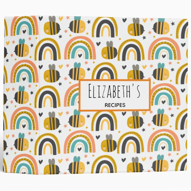 Cute Bumble Bee and Rainbows Pattern Recipe Binder (Front/Spine)