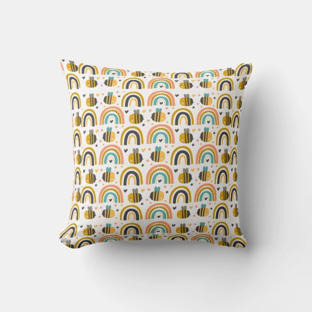 Cute Bumble Bee and Rainbows Pattern Throw Pillow (Front)