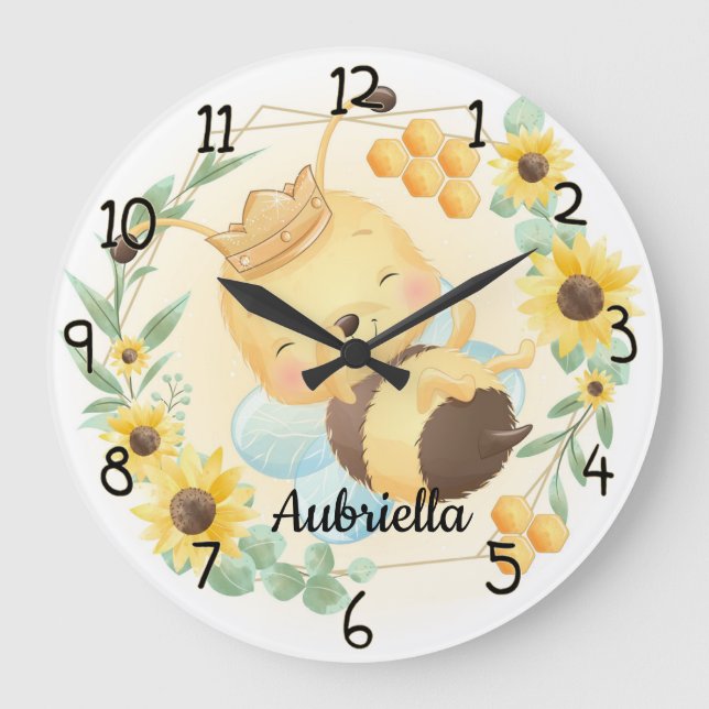 Cute Bumble Bee and Sunflowers Large Clock (Front)