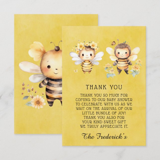 Cute Bumble Bee Baby Shower Thank You Cards (Front/Back)