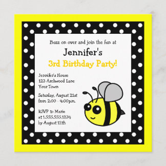 Cute Bumble Bee Birthday Black & Yellow Polka Dots Invitation