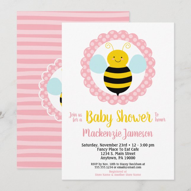 Cute Bumble Bee Girls Baby Shower Invitation (Front/Back)