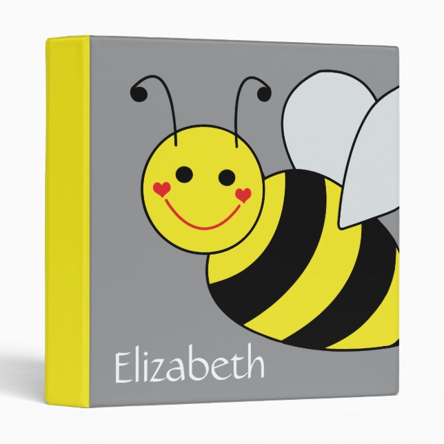 Cute Bumble Bee Personalized Grey Binder (Front/Spine)