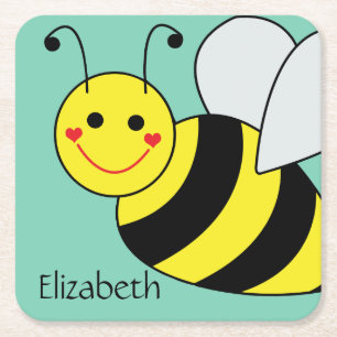 Cute Bumble Bee Personalized Square Paper Coaster