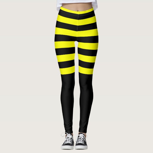 Cute Bumble Bee Style Black Yellow Stripes Pattern Leggings (Front)