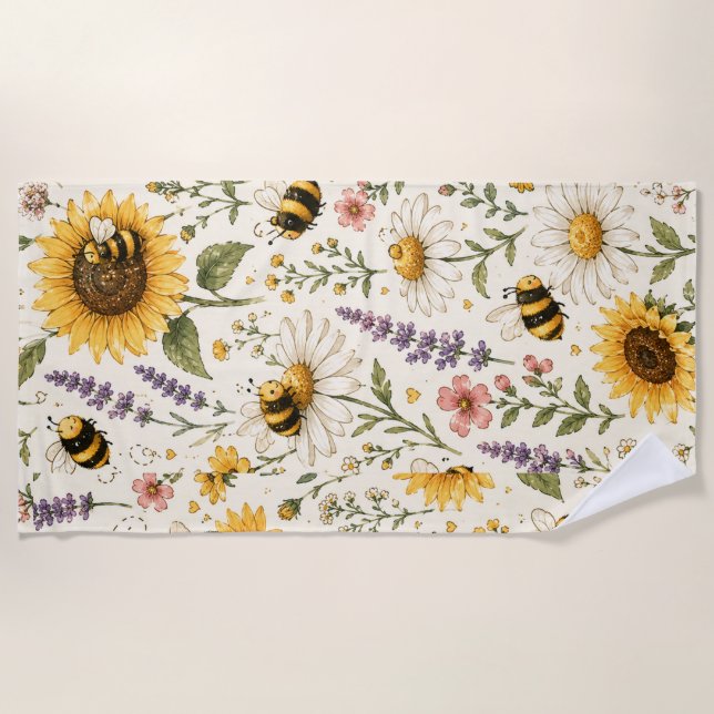 Cute Bumble Bee & Wildflower Pattern Beach Towel (Front)