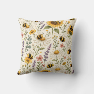 Cute Bumble Bee & Wildflower Pattern Throw Pillow