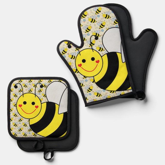 Cute Bumble Bee with Pattern Oven Mitt & Pot Holder Set (Front/Back)