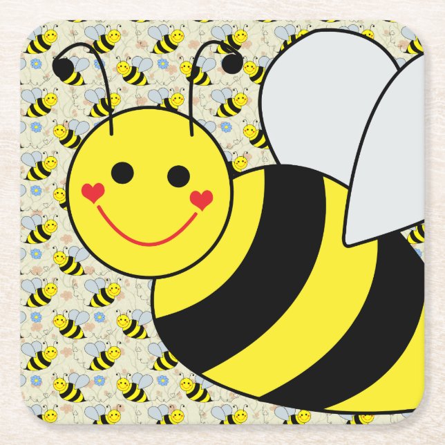 Cute Bumble Bee with Pattern Square Paper Coaster (Front)