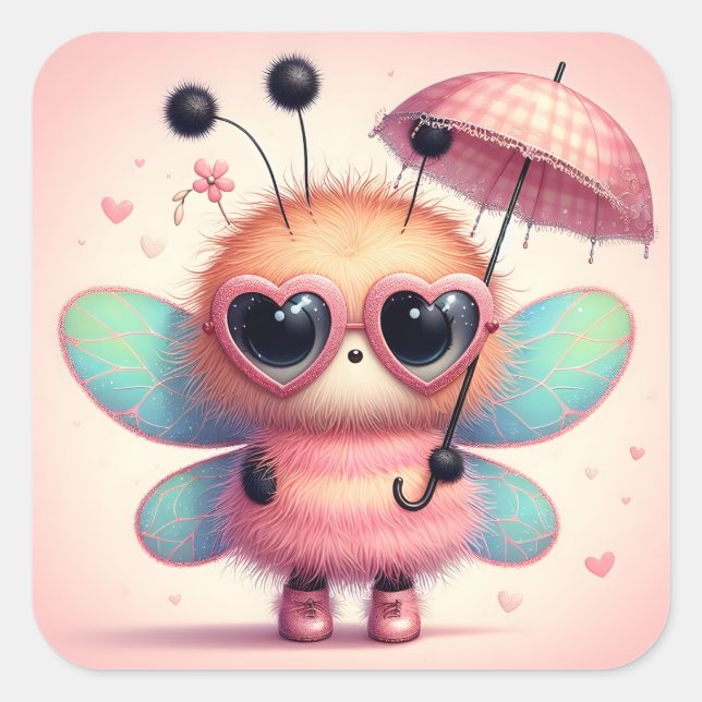 Cute Bumble Bee with Umbrella Square Sticker (Front)