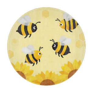 Cute Bumble Bees Sunflowers Honeycomb Pattern Cutting Board