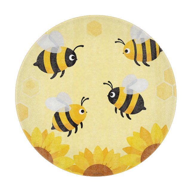 Cute Bumble Bees Sunflowers Honeycomb Pattern Cutting Board (Front)