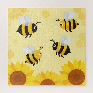 Cute Bumble Bees Sunflowers Honeycomb Pattern Jigsaw Puzzle