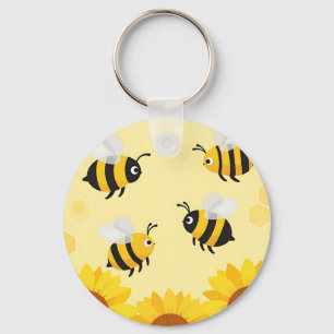 Cute Bumble Bees Sunflowers Honeycomb Pattern Keychain